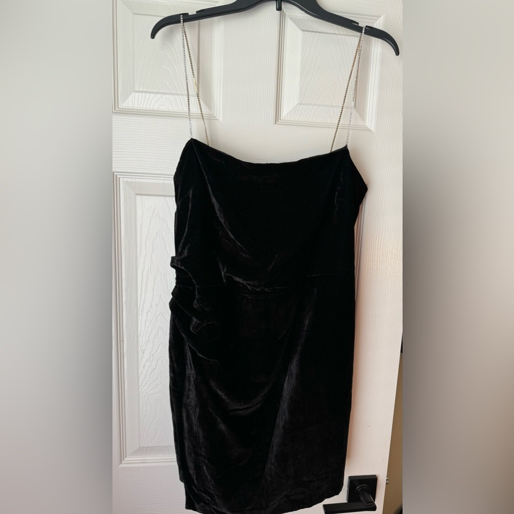 House Of Harlow Black Crushed Velvet Rhinestone Strap Mini Dress - Large